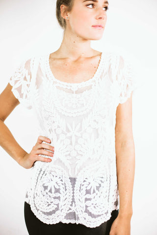 white embroidered floral lace blouse